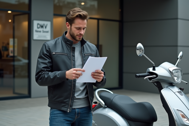 Homme confiant avec scooter et documents en ville