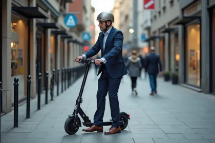 Homme d'âge moyen en costume verrouille son scooter en ville