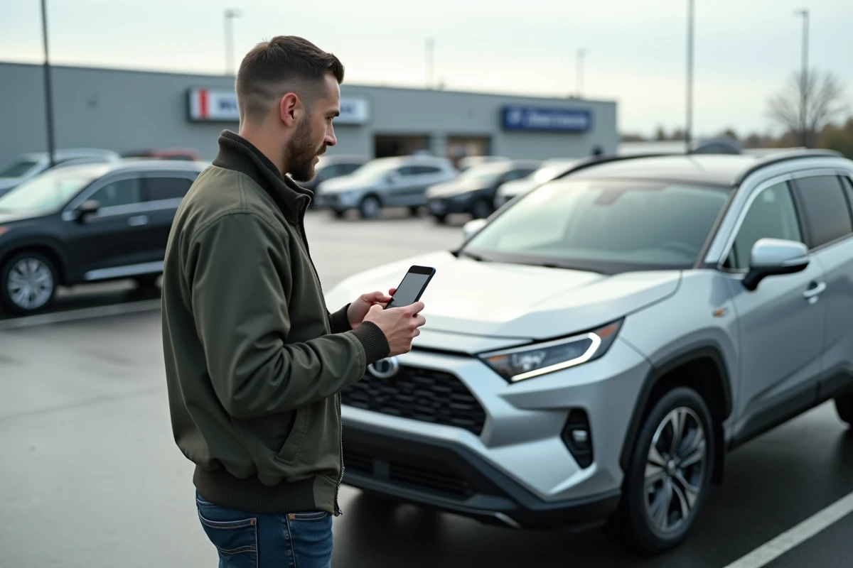 Homme évaluant un SUV d'occasion sur un parking de concessionnaire avec simulation de leasing sur smartphone