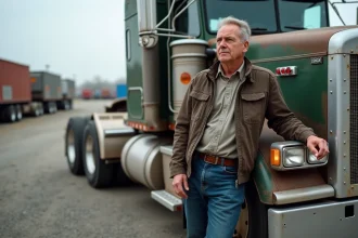 Homme d'âge moyen posant près d'un camion Kenworth classique