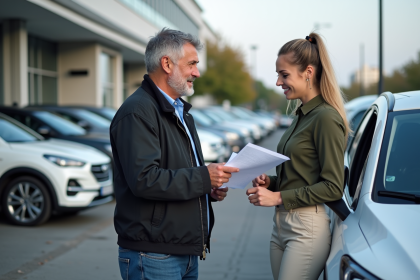 Homme discutant avec une vendeuse de voiture compacte