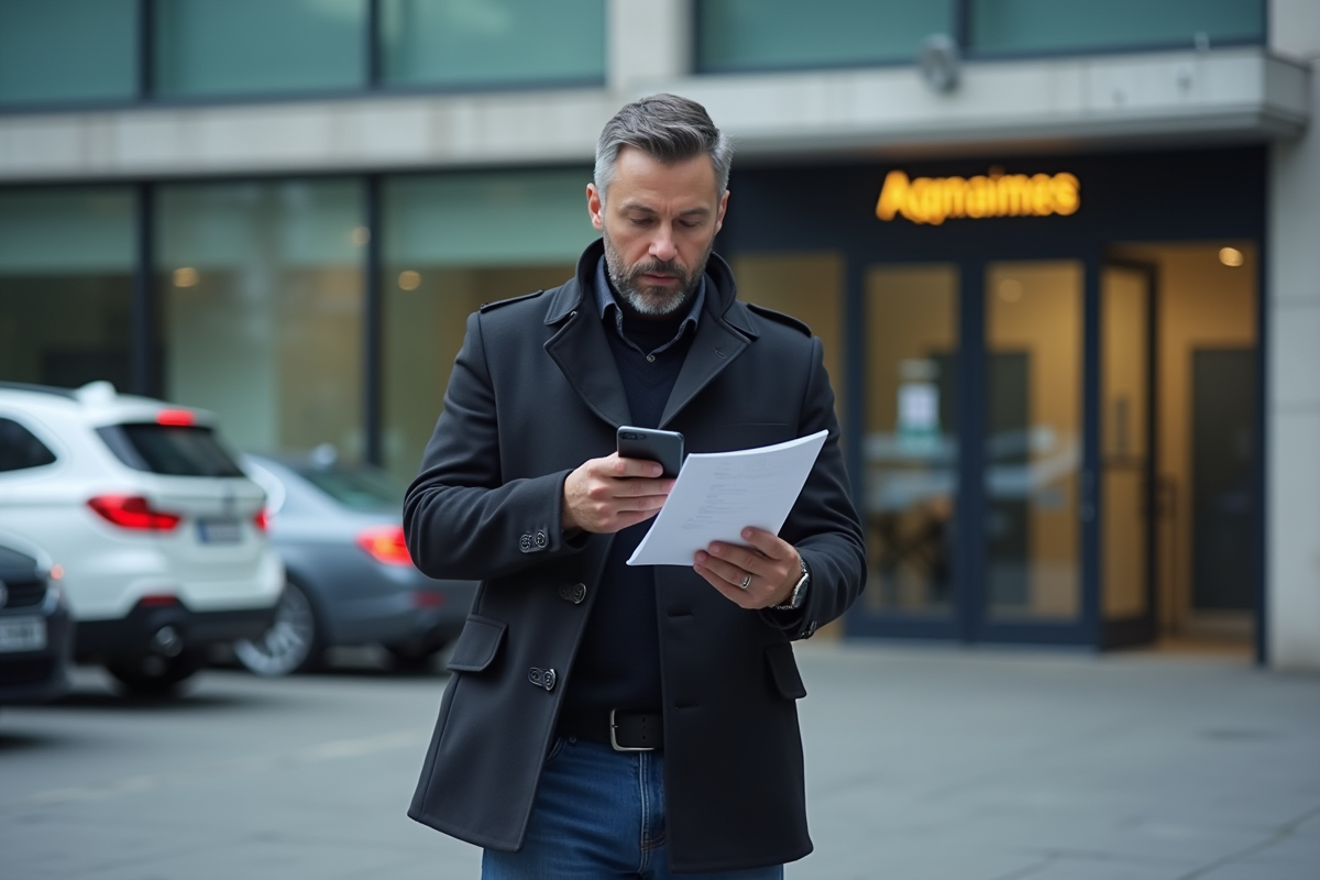 Homme vérifiant documents avec son smartphone devant un bâtiment administratif