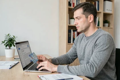 Homme consultant le site ANTS pour vérifier ses points de permis de conduire depuis son bureau à domicile