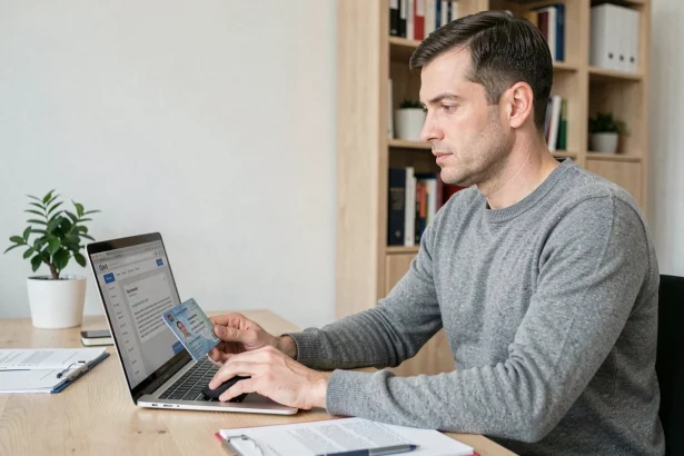 Homme consultant le site ANTS pour vérifier ses points de permis de conduire depuis son bureau à domicile