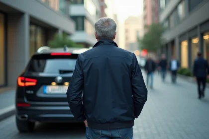 Homme d'âge moyen marchant près d'une voiture à plaque verte en ville