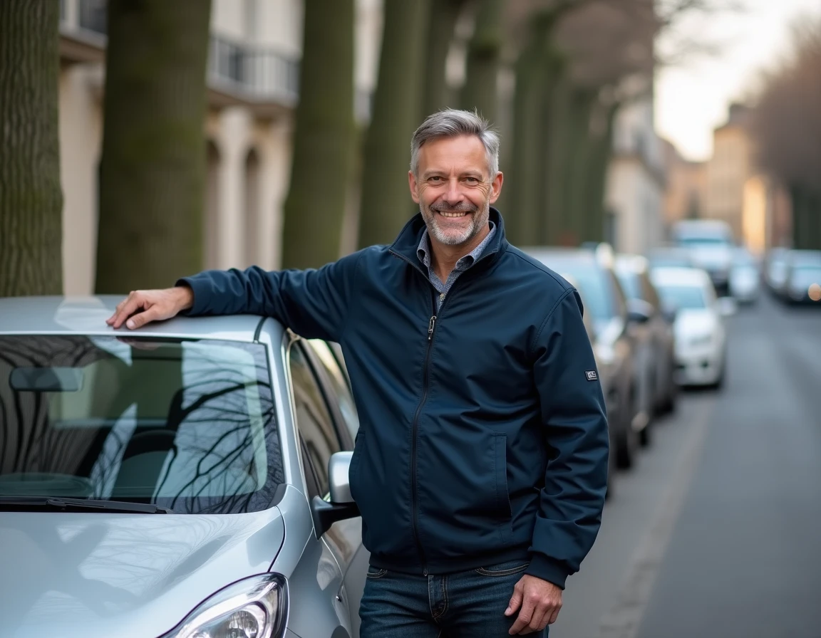 Homme debout à côté d'une voiture compacte argentée louée sans apport dans une rue résidentielle française