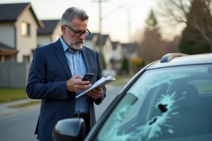 Homme d'âge moyen avec voiture endommagée en ville
