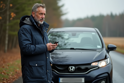 Homme en parka bleue près d'une voiture endommagée en campagne
