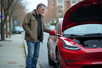 Homme regardant le coffre d'une voiture électrique rouge