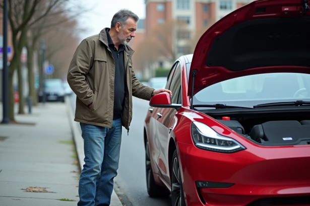 Homme regardant le coffre d'une voiture électrique rouge