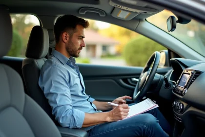 Homme en voiture compacte regardant le tableau de bord