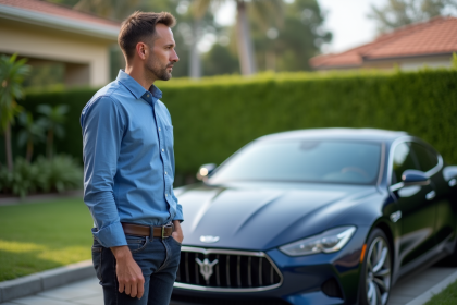 Homme devant une voiture de luxe dans un cadre résidentiel