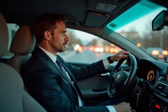 Homme d'âge moyen dans sa voiture la nuit regardant par la fenêtre