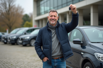 Homme français souriant avec clés de voiture neuve
