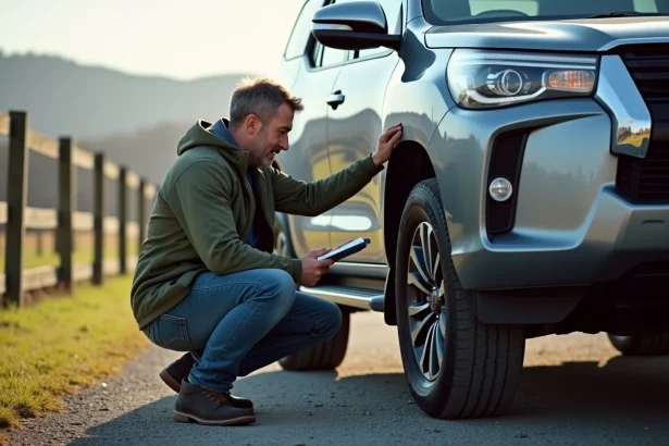 Homme vérifiant le véhicule Toyota 100 series en extérieur