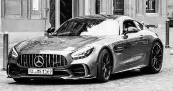 grayscale photo of mercedes benz coupe