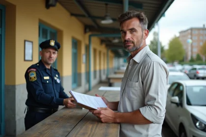 Homme remettant des documents d'immatriculation à un guichet administratif en Ukraine pour une voiture importée