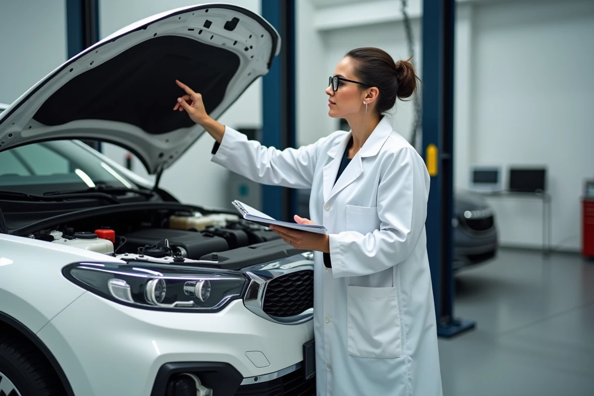 Ingénieure automobile inspectant le système d'échappement d'un véhicule dans un centre de contrôle technique