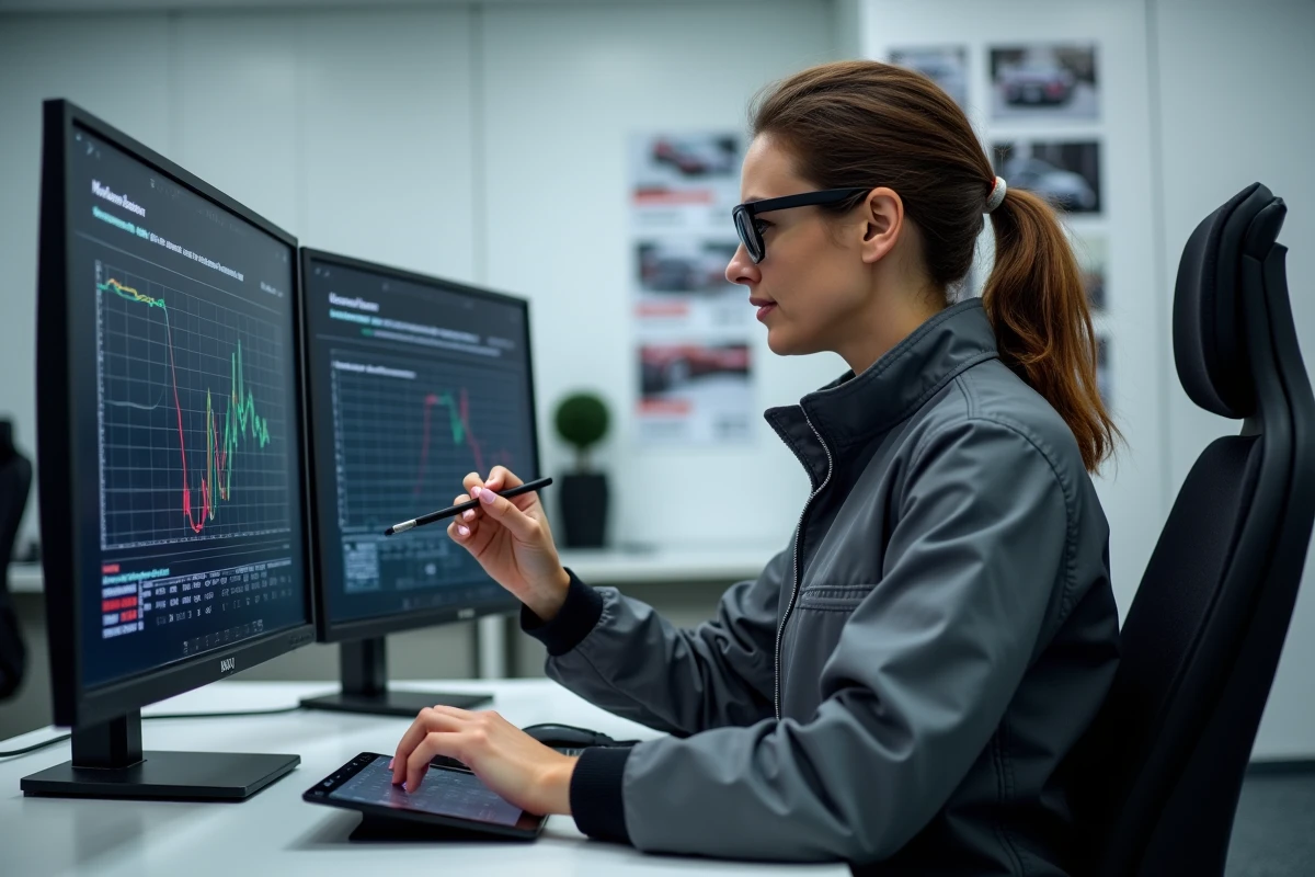 Ingénieure en reprogrammation moteur analysant des courbes de puissance et de couple sur ordinateur dans un bureau spécialisé
