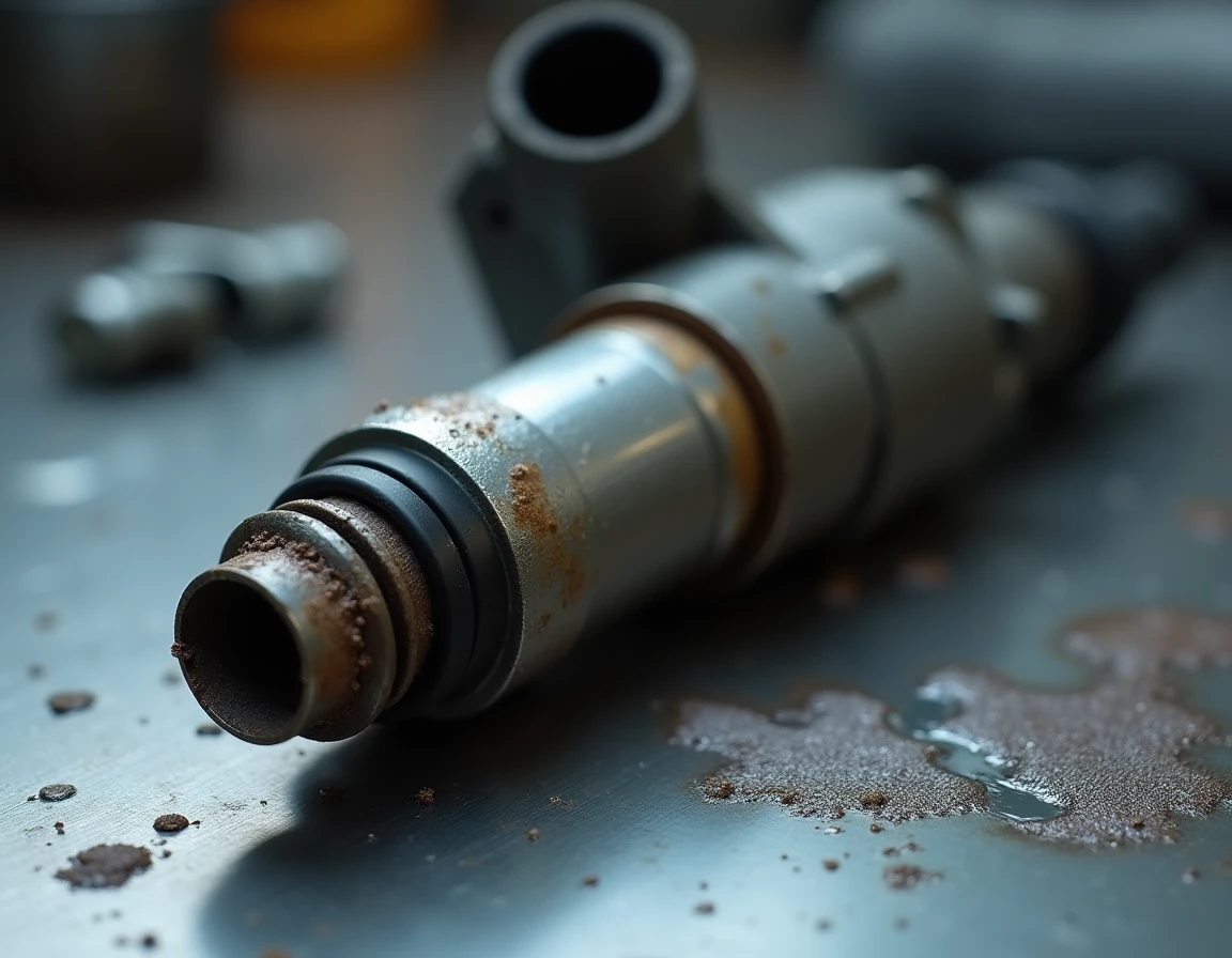 Injecteur diesel haute pression démonté présentant des dépôts de carbone et des signes d'usure thermique