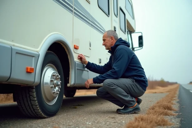 Homme inspectant les pneus et freins d'un camping-car occasion poids lourd garé sur une aire de repos