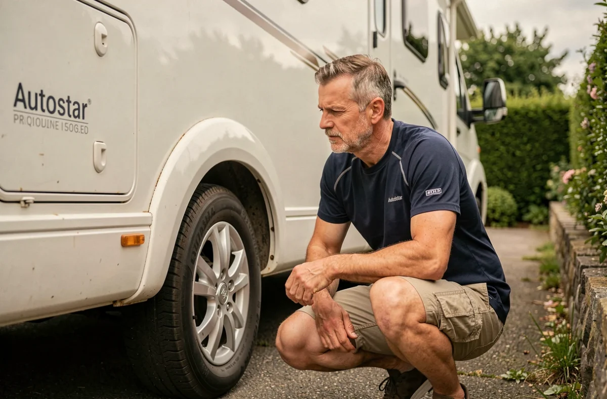 Homme inspectant un camping-car profilé Autostar d'occasion dans une allée résidentielle avant achat