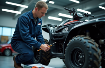 Mecanicien inspectant un quad dans un garage moderne