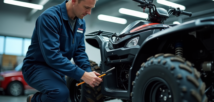 Mecanicien inspectant un quad dans un garage moderne