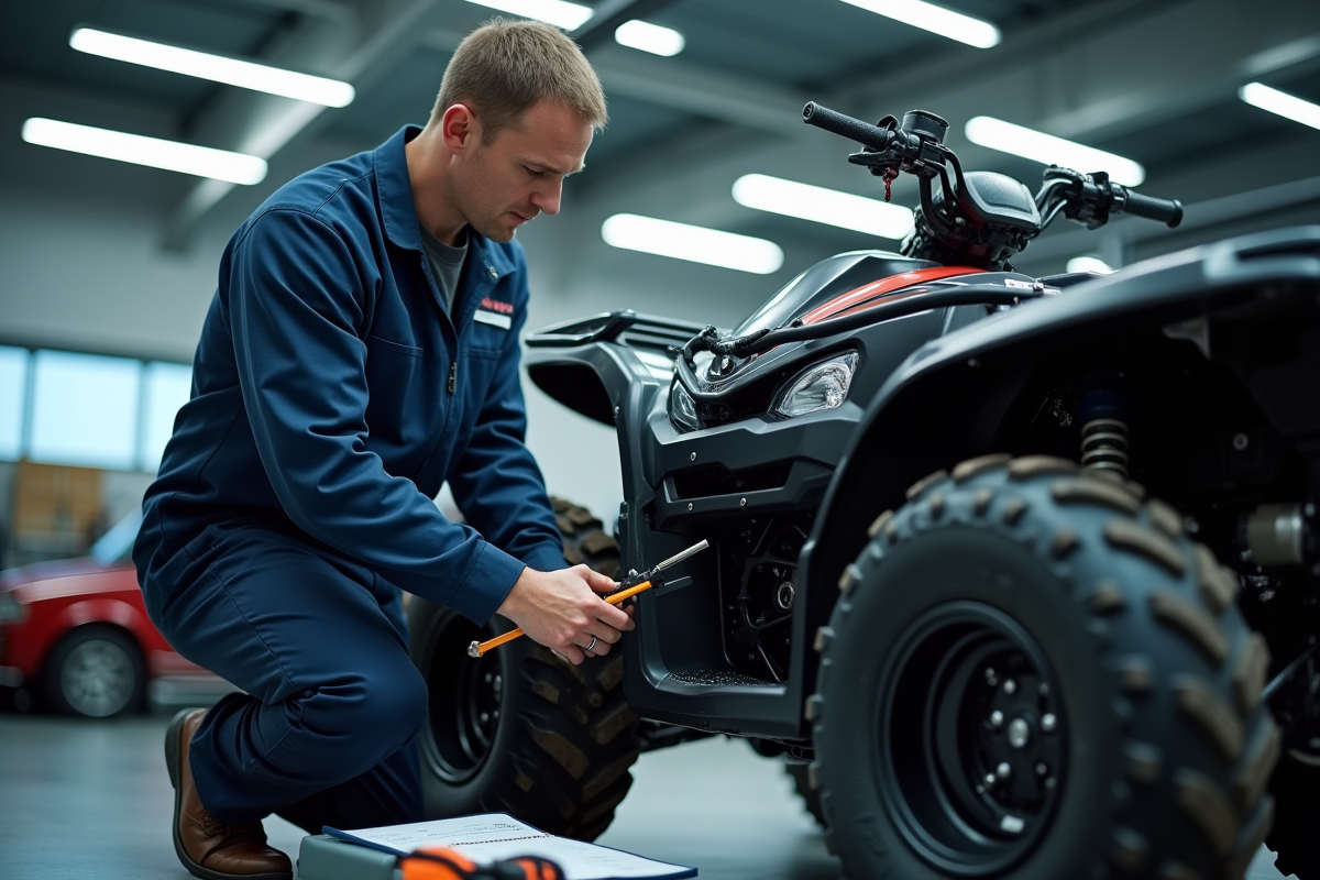 Mecanicien inspectant un quad dans un garage moderne