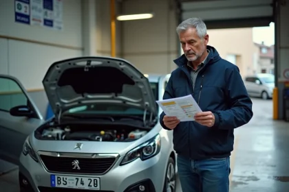 Homme d age moyen inspectant une voiture en centre de contrôle