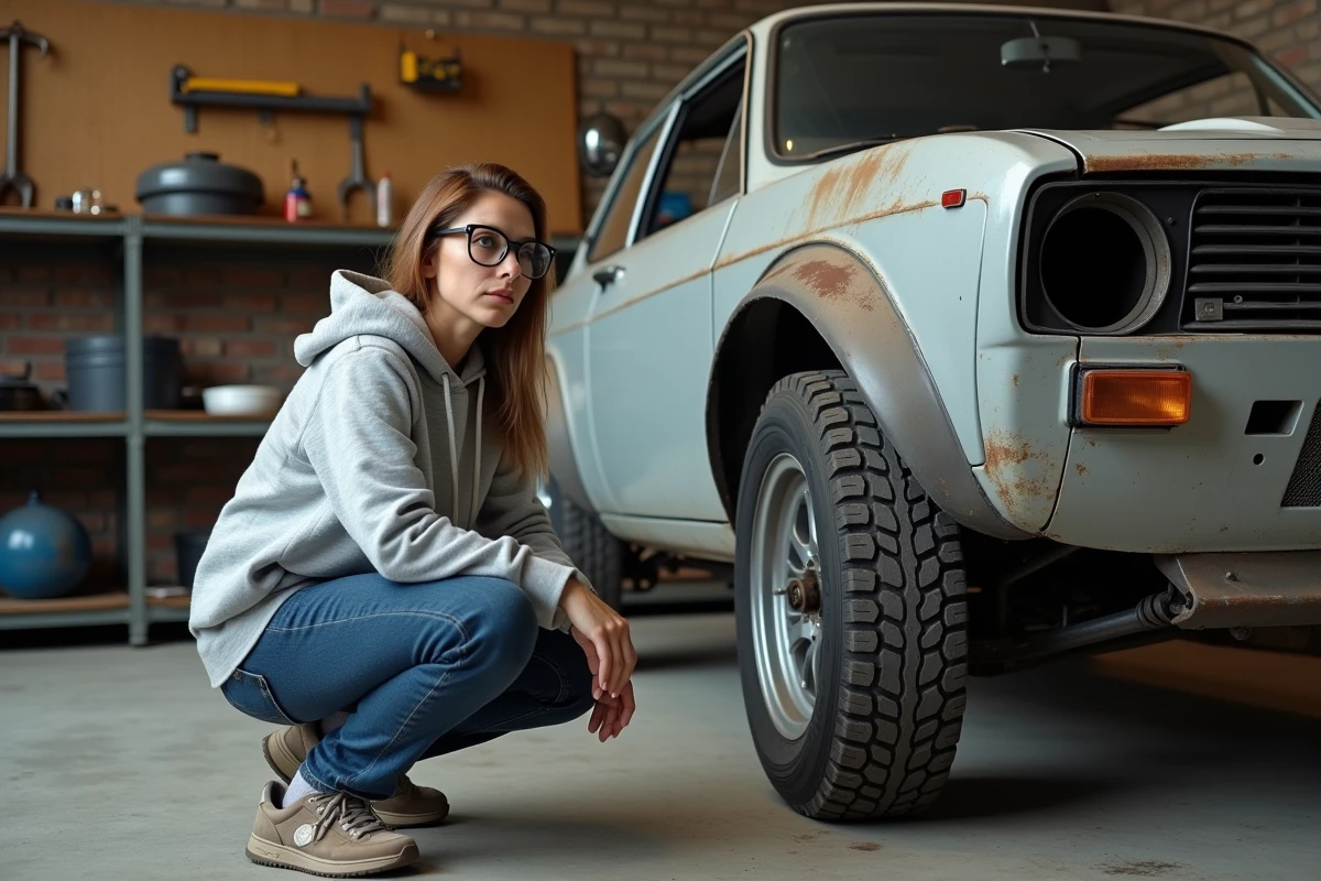 Femme inspectant une voiture de rallye d'occasion en cours de restauration dans un garage atelier