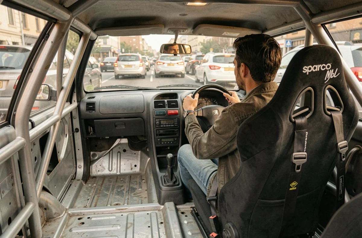 Intérieur dépouillé d'une 306 Maxi en usage quotidien avec cage de sécurité, siège baquet Sparco et harnais, conducteur en veste décontractée au volant dans les embouteillages
