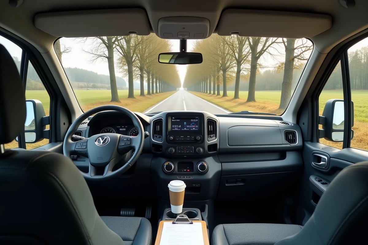 Intérieur de la cabine d'un pick-up Dacia professionnel avec tableau de bord utilitaire et route de campagne française visible par le pare-brise