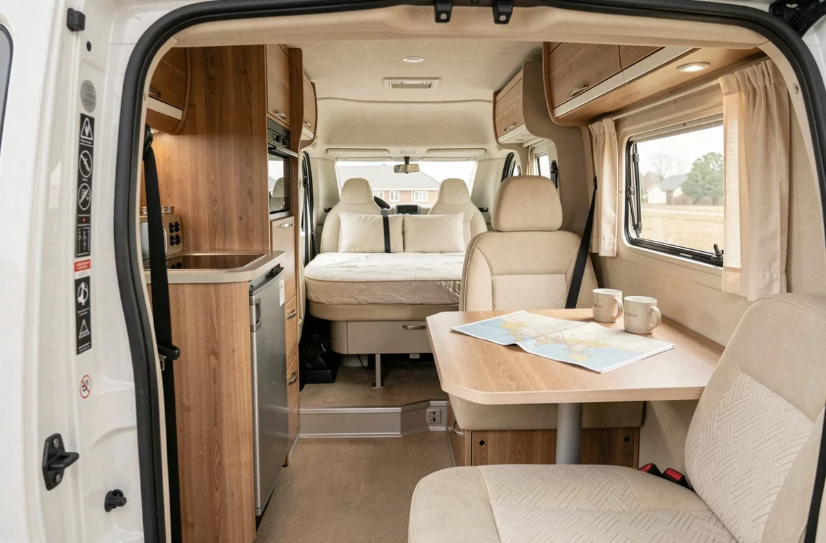Intérieur spacieux d'un camping-car intégral Autostar d'occasion avec coin salon, cuisine et lit fixe