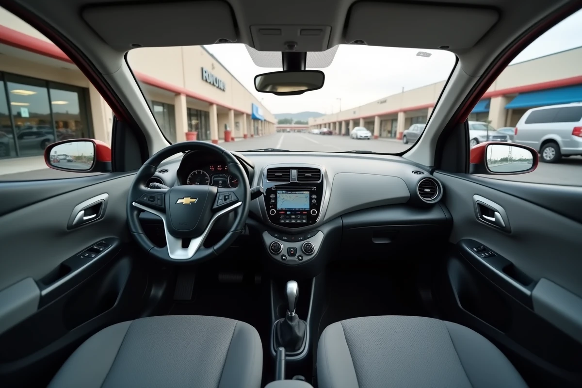 Intérieur sobre et fonctionnel d'une voiture économique de marque en C, tableau de bord et sièges en tissu gris pour petit budget