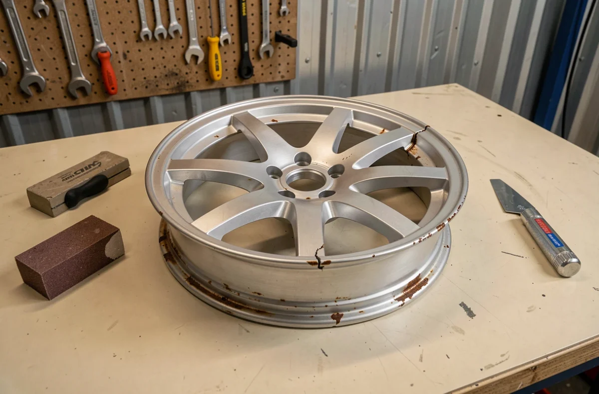 Jante aluminium démontée posée sur un établi avec une fissure visible et des outils de réparation, dans un atelier de carrosserie
