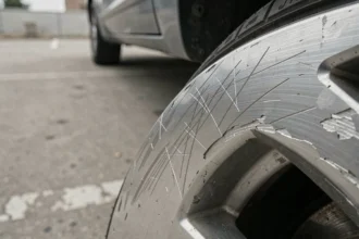 Jante en aluminium rayée avec des éraflures visibles sur le bord du cercle, photographiée en gros plan dans un parking urbain