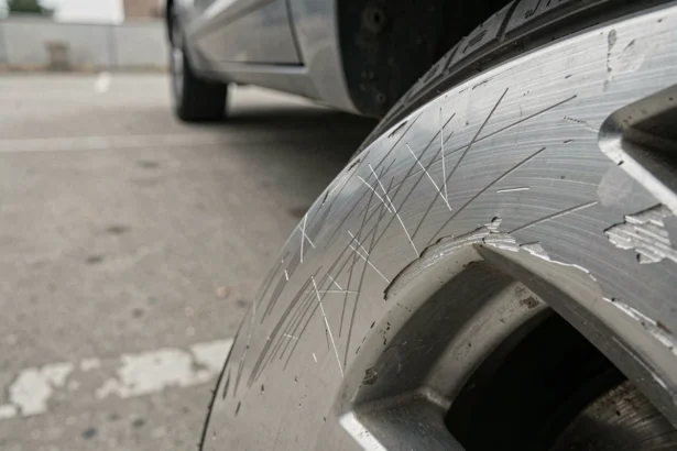 Jante en aluminium rayée avec des éraflures visibles sur le bord du cercle, photographiée en gros plan dans un parking urbain