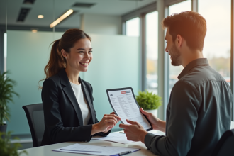 Jeune adulte présentant un document de licence scooter électrique à un agent souriant dans un bureau moderne