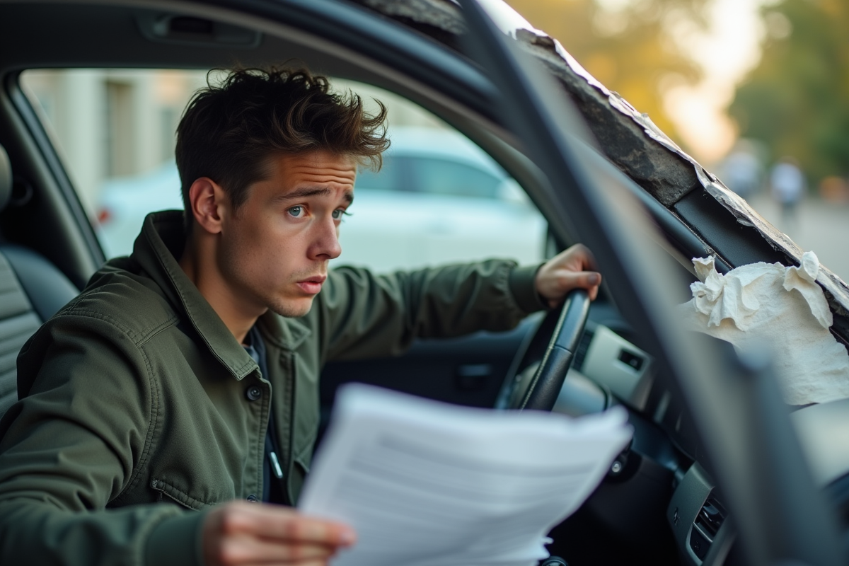 Jeune conducteur inquiet examinant une voiture endommagee