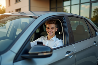 Jeune conducteur souriant dans une voiture moderne devant une agence d'assurance