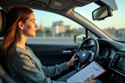 Jeune femme au volant dans une voiture d'auto école avec examinateur