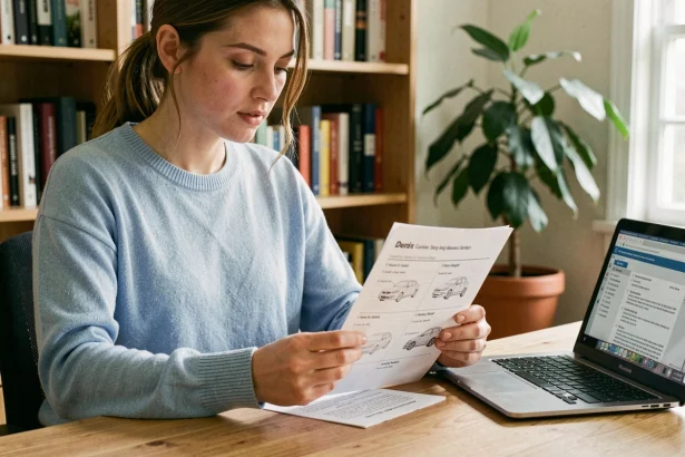 Jeune femme étudiant les questions du code de la route sur des fiches mémo imprimées à son bureau
