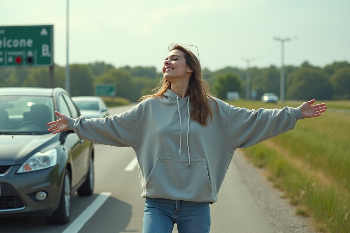 Jeune femme sortant de sa voiture au repos sur l