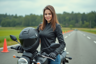 Jeune femme en moto école en extérieur avec moto et nature