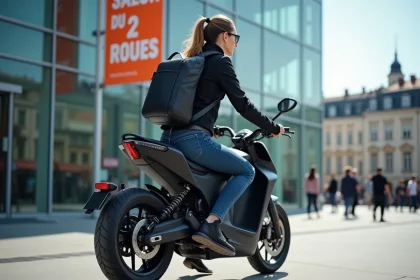 Jeune femme urbaine à moto électrique à Lyon