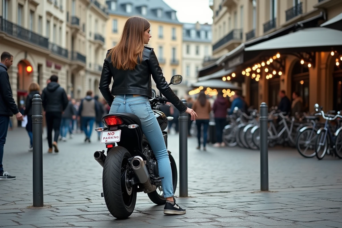 Jeune femme en jeans et veste près de sa moto à Paris