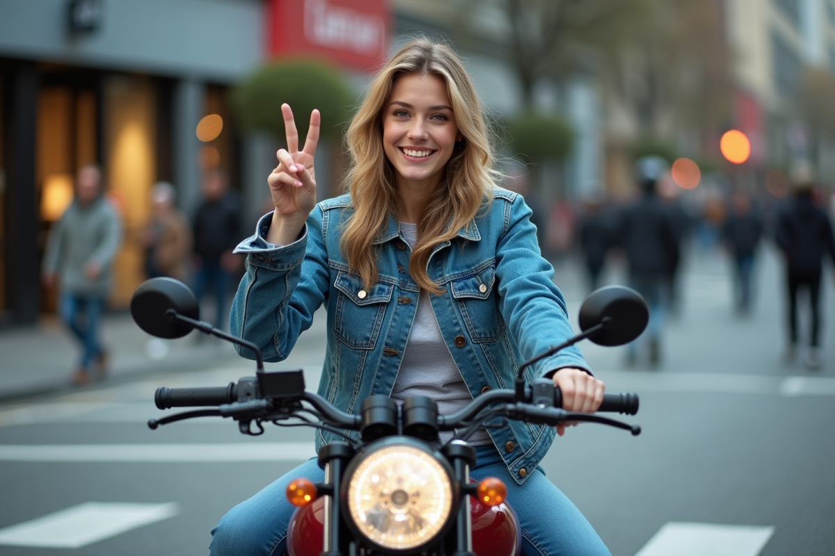 Jeune femme motarde saluant en ville avec V sign