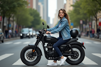 Jeune femme en denim sur moto urbaine en ville