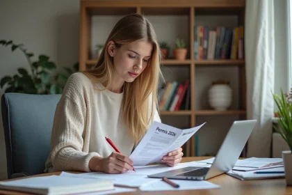 Jeune femme concentrée à son bureau avec permis 2026